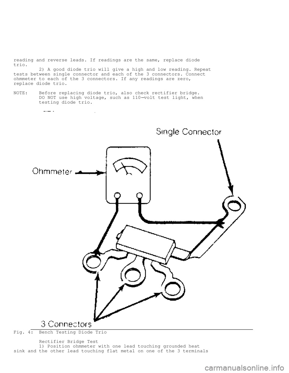 JEEP CHEROKEE 1988  Service Repair Manual reading and reverse leads. If readings are the same, replace diode
trio.
         2) A good diode trio will give a high and low reading. Repeat
tests between single connector and each of the 3 connect