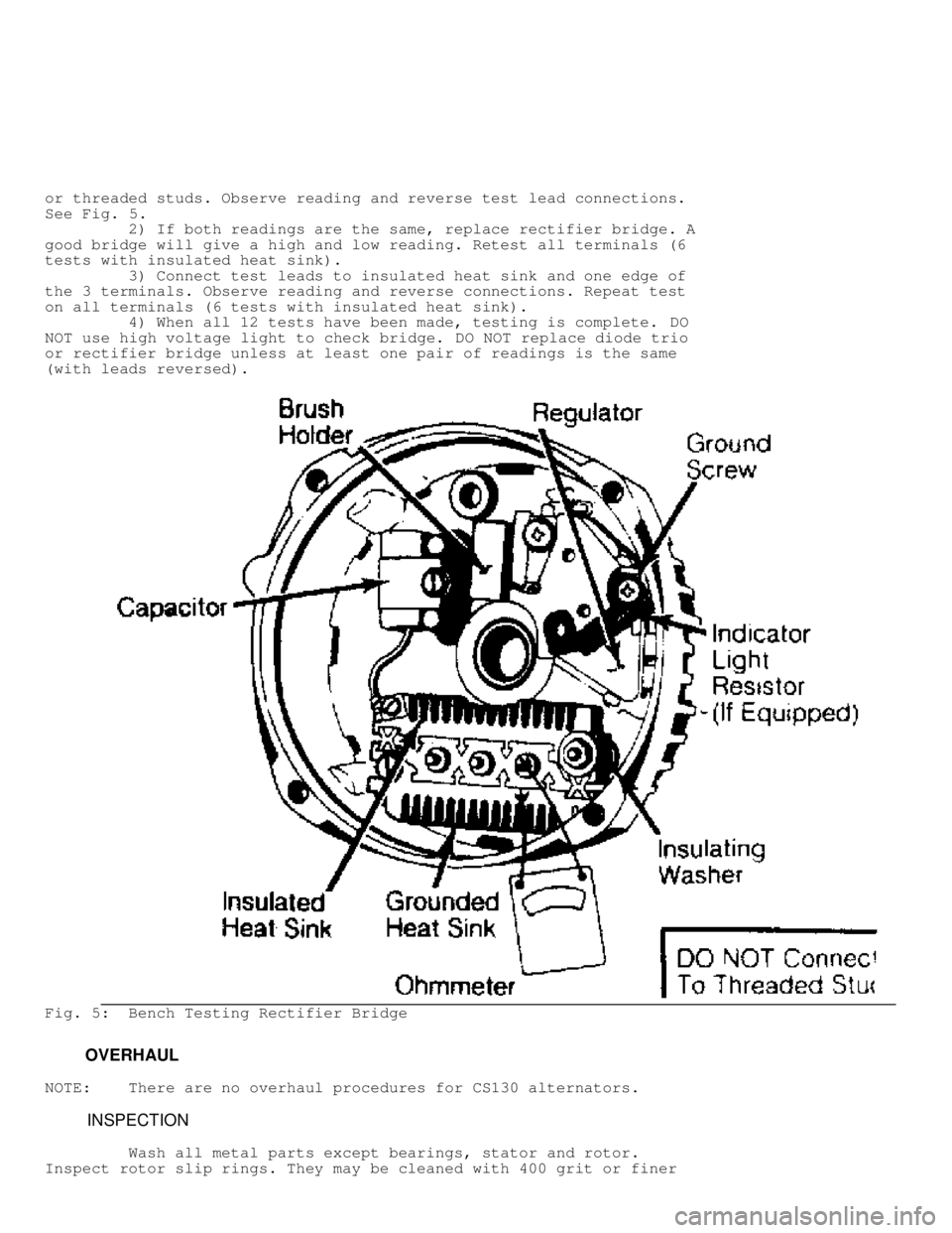 JEEP CHEROKEE 1988  Service Repair Manual or threaded studs. Observe reading and reverse test lead connections.
See Fig. 5 .
         2) If both readings are the same, replace rectifier bridge. A
good bridge will give a high and low reading. 