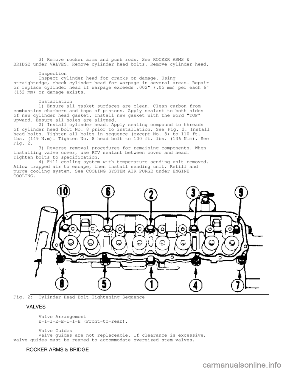 JEEP CHEROKEE 1988 Service Repair Manual 3) Remove rocker arms and push rods. See ROCKER ARMS &
BRIDGE under VALVES. Remove cylinder head bolts. Remove cylinder head.
Inspection
Inspect cylinder head for cracks or JEEP CHEROKEE 1988 Service Repair Manual 3) Remove rocker arms and push rods. See ROCKER ARMS &
BRIDGE under VALVES. Remove cylinder head bolts. Remove cylinder head.
Inspection
Inspect cylinder head for cracks or