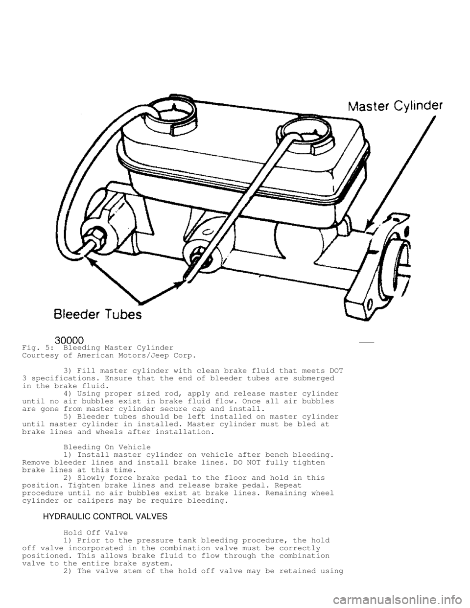 JEEP CHEROKEE 1988  Service Repair Manual Fig. 5:  Bleeding Master Cylinder
Courtesy of American Motors/Jeep Corp.
         3) Fill master cylinder with clean brake fluid that meets DOT
3 specifications. Ensure that the end of bleeder tubes a