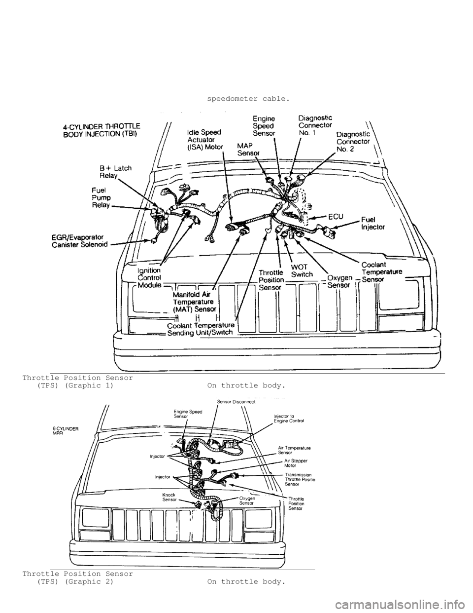 JEEP CHEROKEE 1988  Service Repair Manual                                         speedometer cable.
Throttle Position Sensor
   (TPS) (Graphic 1)                    On throttle body.
Throttle Position Sensor
   (TPS) (Graphic 2)             