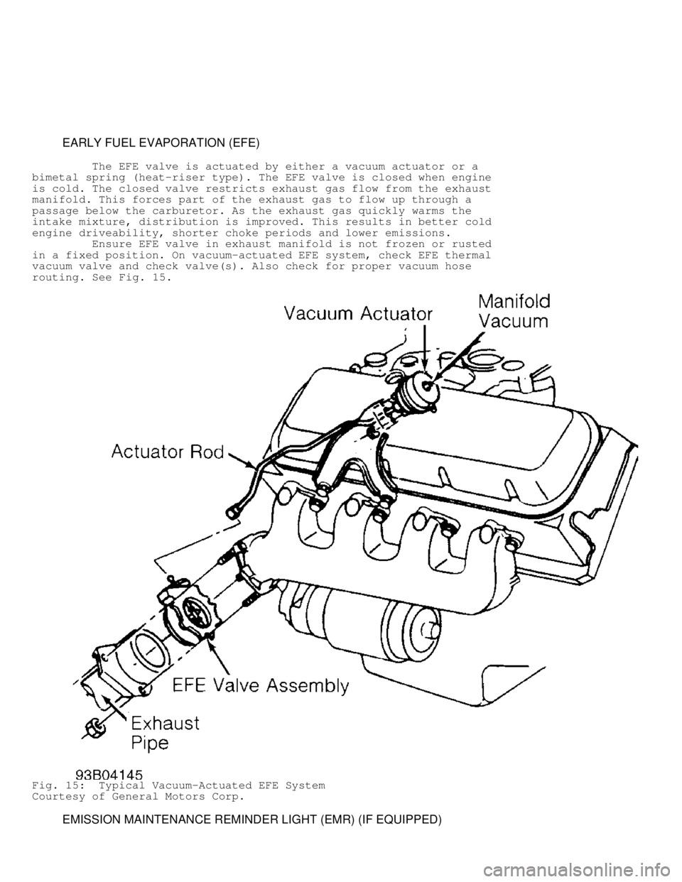 JEEP CHEROKEE 1988  Service Repair Manual          EARLY FUEL EVAPORATION (EFE)
         The EFE valve is actuated by either a vacuum actuator or a
bimetal spring (heat-riser type). The EFE valve is closed when engine
is cold. The closed valv