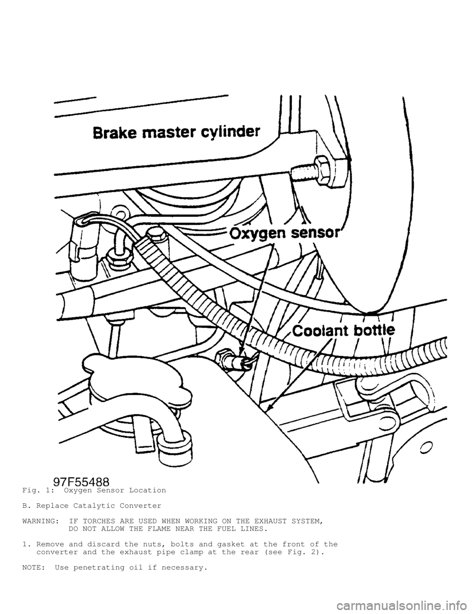 JEEP CHEROKEE 1988  Service Repair Manual Fig. 1:  Oxygen Sensor Location
B. Replace Catalytic Converter
WARNING:  IF TORCHES ARE USED WHEN WORKING ON THE EXHAUST SYSTEM,
          DO NOT ALLOW THE FLAME NEAR THE FUEL LINES.
1. Remove and dis