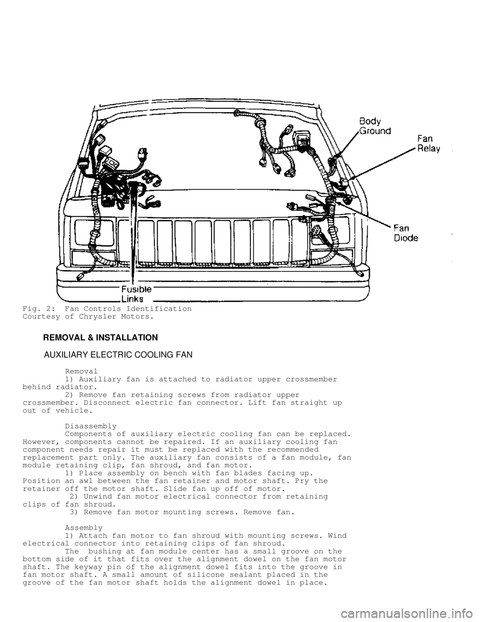JEEP CHEROKEE 1988  Service Repair Manual Fig. 2:  Fan Controls Identification
Courtesy of Chrysler Motors.
         REMOVAL & INSTALLATION
          AUXILIARY ELECTRIC COOLING FAN
          Removal
         1) Auxiliary fan is attached to ra