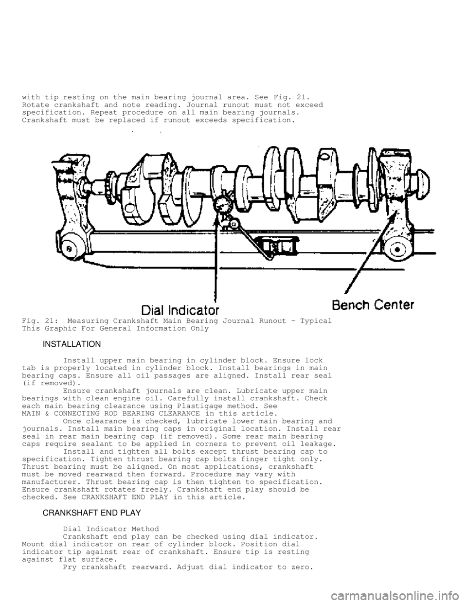 JEEP CHEROKEE 1988  Service Repair Manual with tip resting on the main bearing journal area. See Fig. 21.
Rotate crankshaft and note reading. Journal runout must not exceed
specification. Repeat procedure on all main bearing journals.
Cranksh