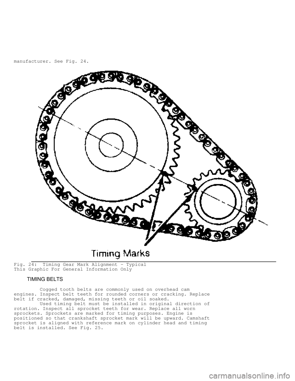 JEEP CHEROKEE 1988  Service Repair Manual manufacturer. See Fig. 24.
Fig. 24:  Timing Gear Mark Alignment - Typical
This Graphic For General Information Only
         TIMING BELTS
         Cogged tooth belts are commonly used on overhead cam
