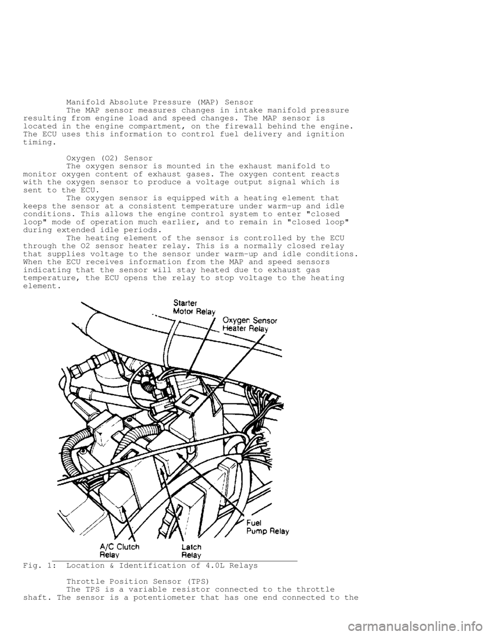 JEEP CHEROKEE 1988  Service Repair Manual          Manifold Absolute Pressure (MAP) Sensor
         The MAP sensor measures changes in intake manifold pressure
resulting from engine load and speed changes. The MAP sensor is
located in the eng