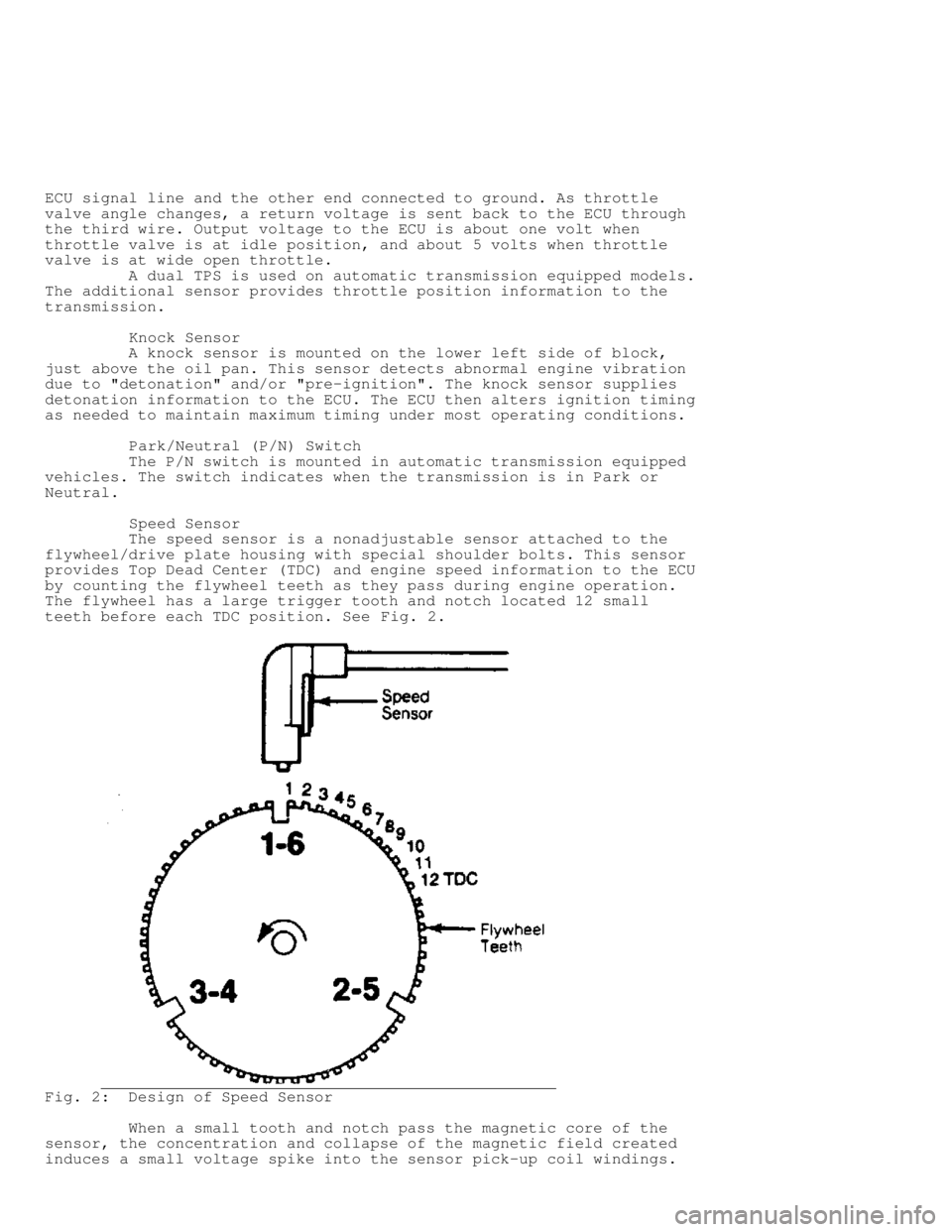 JEEP CHEROKEE 1988  Service Repair Manual ECU signal line and the other end connected to ground. As throttle
valve angle changes, a return voltage is sent back to the ECU through
the third wire. Output voltage to the ECU is about one volt whe