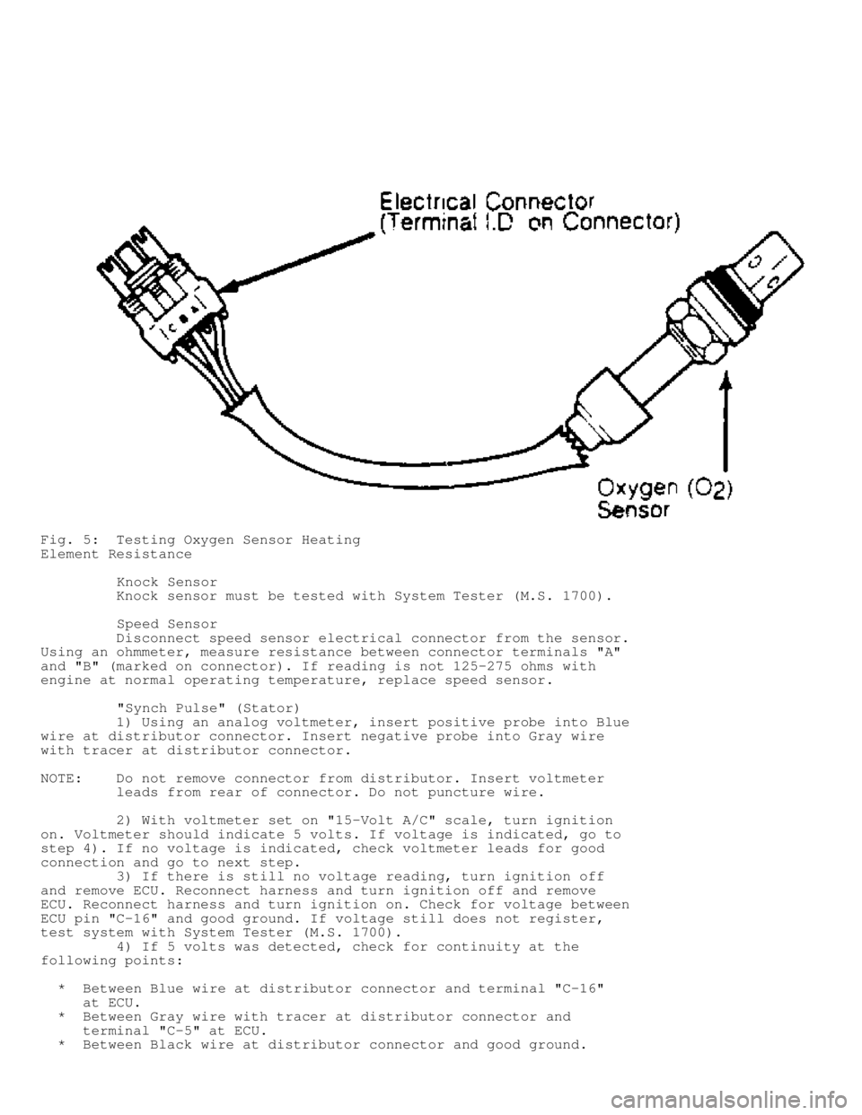 JEEP CHEROKEE 1988  Service Repair Manual Fig. 5:  Testing Oxygen Sensor Heating
Element Resistance
         Knock Sensor
         Knock sensor must be tested with System Tester (M.S. 1700).
          Speed Sensor
         Disconnect speed se