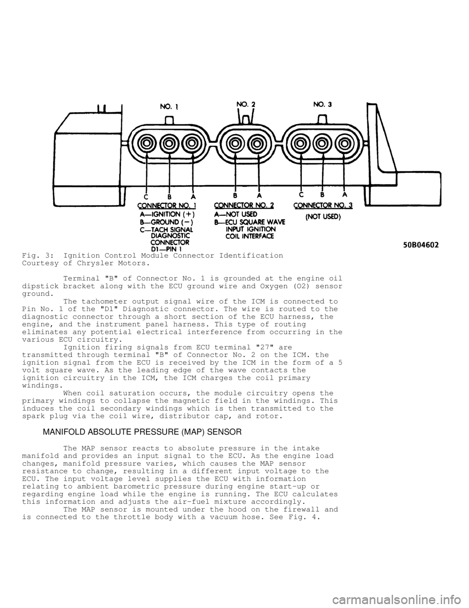 JEEP CHEROKEE 1988  Service Repair Manual Fig. 3:  Ignition Control Module Connector Identification
Courtesy of Chrysler Motors.
         Terminal "B" of Connector No. 1 is grounded at the engine oil
dipstick bracket along with the ECU ground