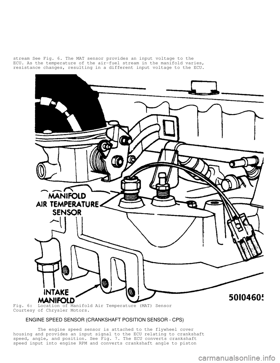 JEEP CHEROKEE 1988  Service Repair Manual stream See Fig. 6. The MAT sensor provides an input voltage to the
ECU. As the temperature of the air-fuel stream in the manifold varies,
resistance changes, resulting in a different input voltage to 
