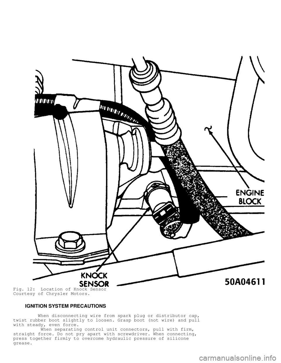 JEEP CHEROKEE 1988  Service Repair Manual Fig. 12:  Location of Knock Sensor
Courtesy of Chrysler Motors.
         IGNITION SYSTEM PRECAUTIONS
         When disconnecting wire from spark plug or distributor cap,
twist rubber boot slightly to 