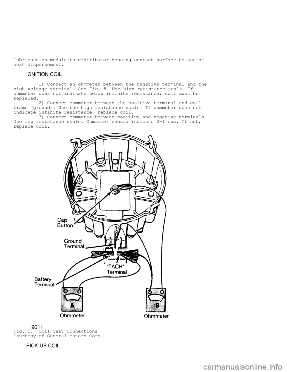 JEEP CHEROKEE 1988  Service Repair Manual lubricant on module-to-distributor housing contact surface to assist
heat dispersement.
         IGNITION COIL
         1) Connect an ohmmeter between the negative terminal and the
high voltage termin