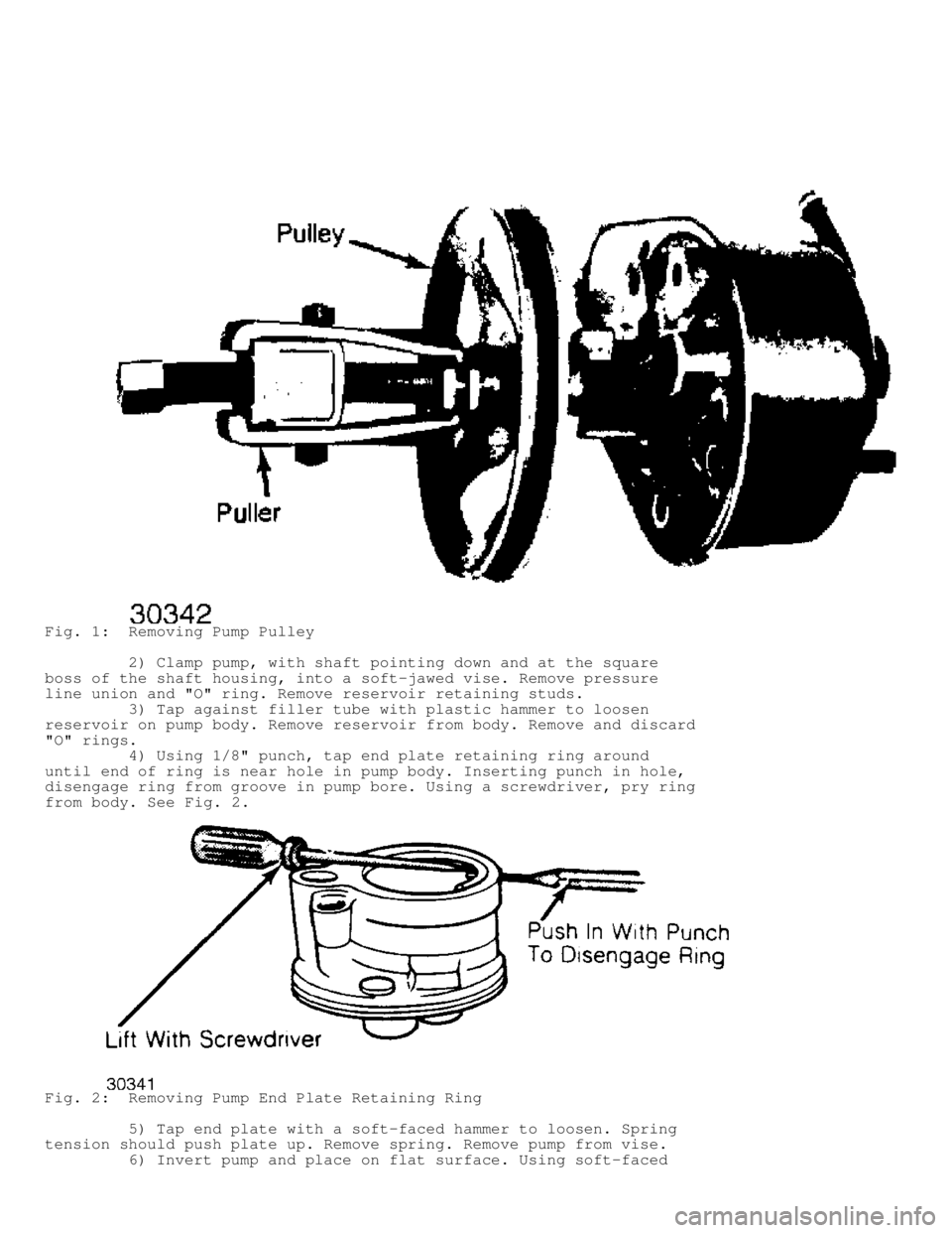 JEEP CHEROKEE 1988  Service Repair Manual Fig. 1:  Removing Pump Pulley
         2) Clamp pump, with shaft pointing down and at the square
boss of the shaft housing, into a soft-jawed vise. Remove pressure
line union and "O" ring. Remove rese