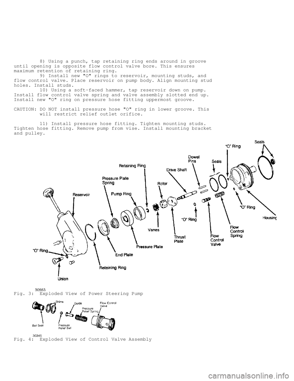 JEEP CHEROKEE 1988  Service Repair Manual          8) Using a punch, tap retaining ring ends around in groove
until opening is opposite flow control valve bore. This ensures
maximum retention of retaining ring.
         9) Install new "O" rin