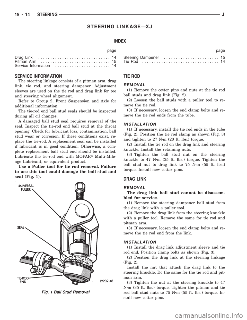 JEEP CHEROKEE 1994  Service Repair Manual STEERING LINKAGEÐXJ
INDEX
page page
Drag Link.............................. 14
Pitman Arm............................. 15
Service Information....................... 14Steering Dampener...............