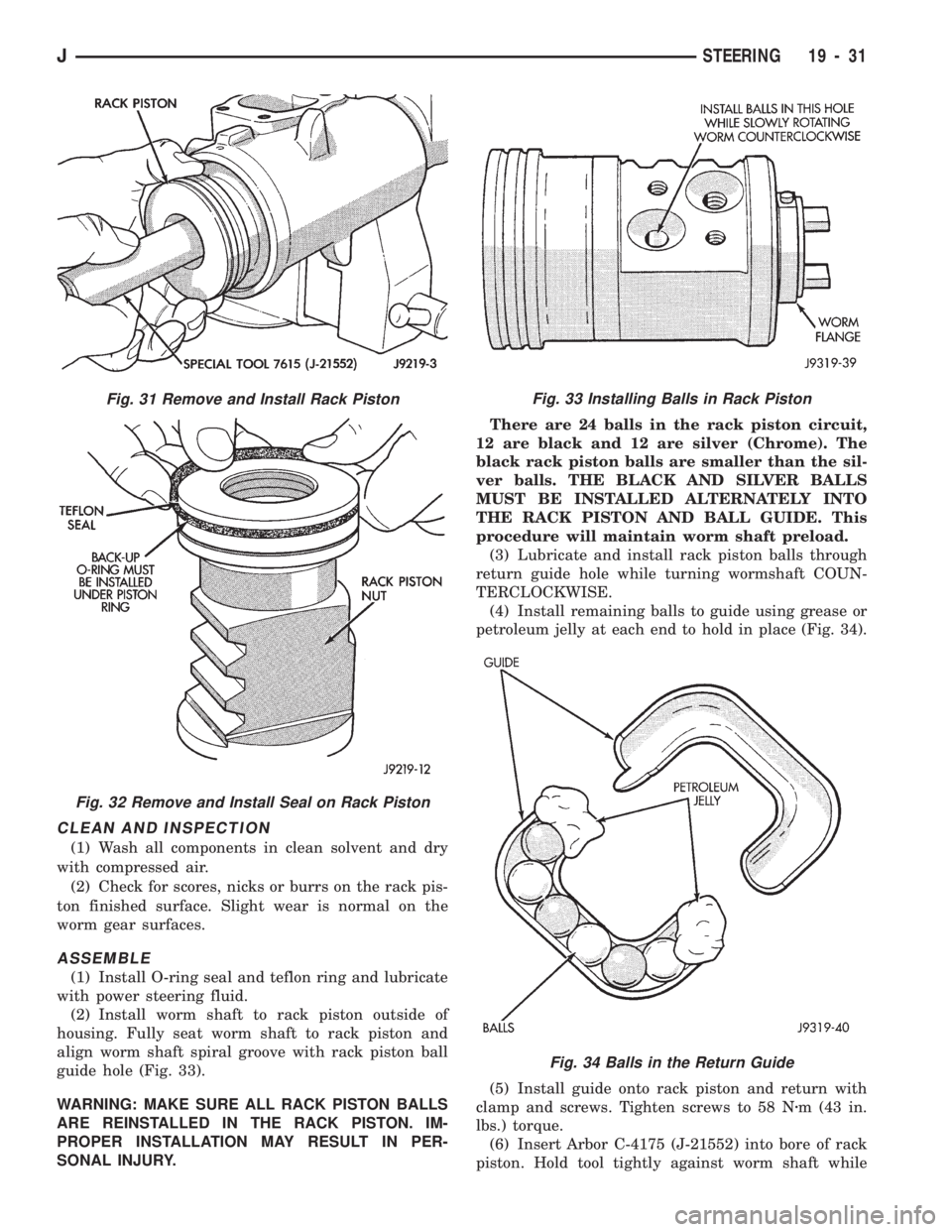 JEEP CHEROKEE 1994  Service Repair Manual CLEAN AND INSPECTION
(1) Wash all components in clean solvent and dry
with compressed air.
(2) Check for scores, nicks or burrs on the rack pis-
ton finished surface. Slight wear is normal on the
worm