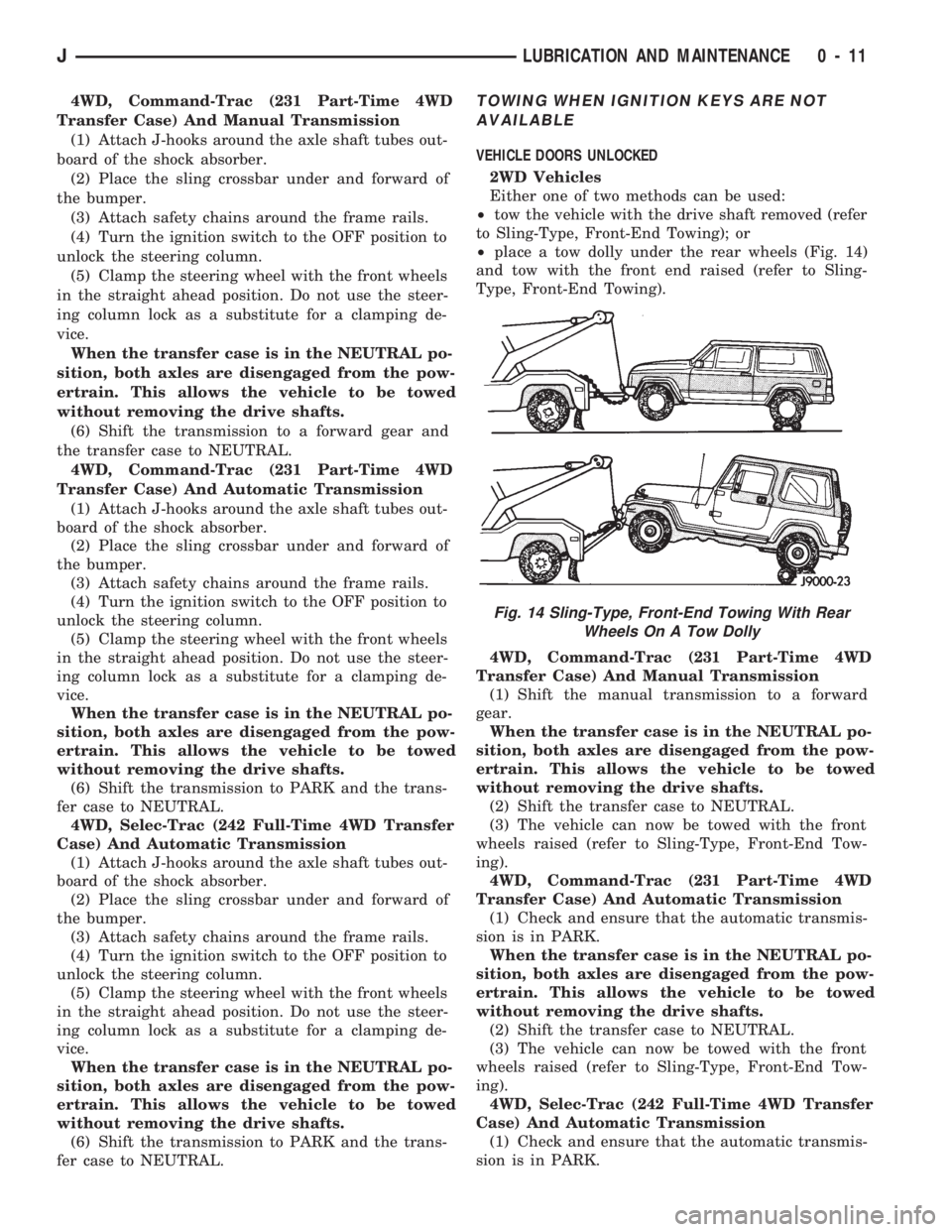 JEEP CHEROKEE 1994  Service Repair Manual 4WD, Command-Trac (231 Part-Time 4WD
Transfer Case) And Manual Transmission
(1) Attach J-hooks around the axle shaft tubes out-
board of the shock absorber.
(2) Place the sling crossbar under and forw