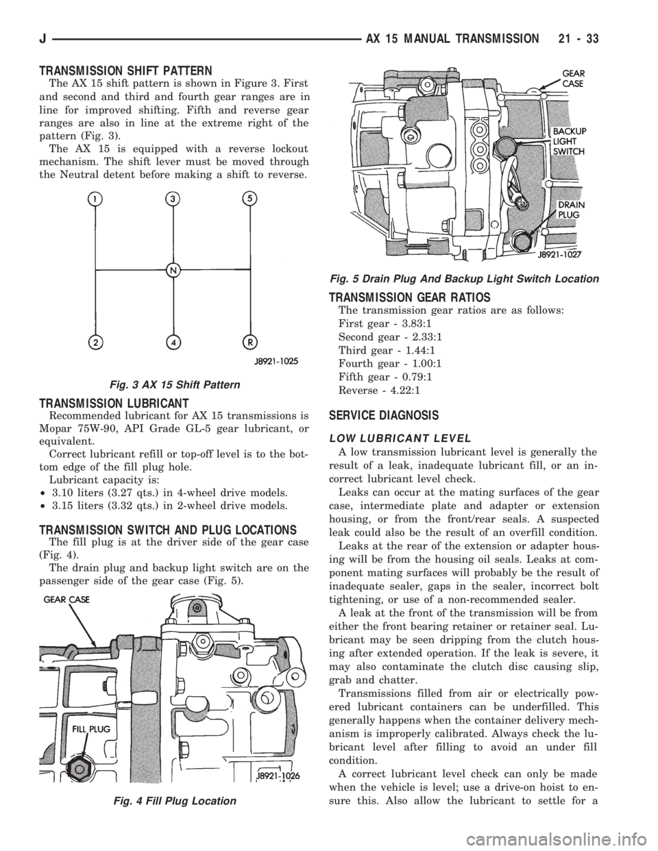 JEEP CHEROKEE 1994  Service Repair Manual TRANSMISSION SHIFT PATTERN
The AX 15 shift pattern is shown in Figure 3. First
and second and third and fourth gear ranges are in
line for improved shifting. Fifth and reverse gear
ranges are also in 