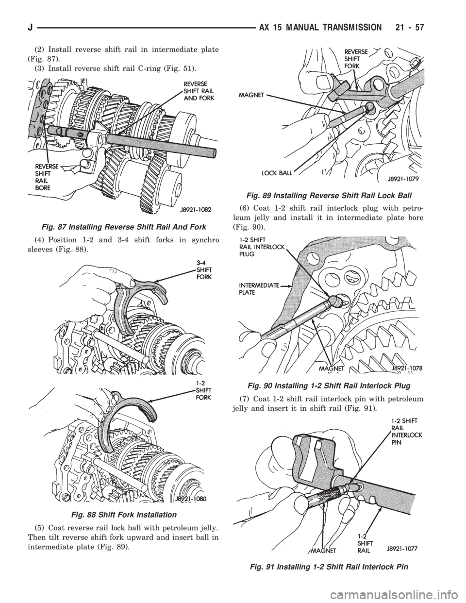JEEP CHEROKEE 1994  Service Repair Manual (2) Install reverse shift rail in intermediate plate
(Fig. 87).
(3) Install reverse shift rail C-ring (Fig. 51).
(4) Position 1-2 and 3-4 shift forks in synchro
sleeves (Fig. 88).
(5) Coat reverse rai