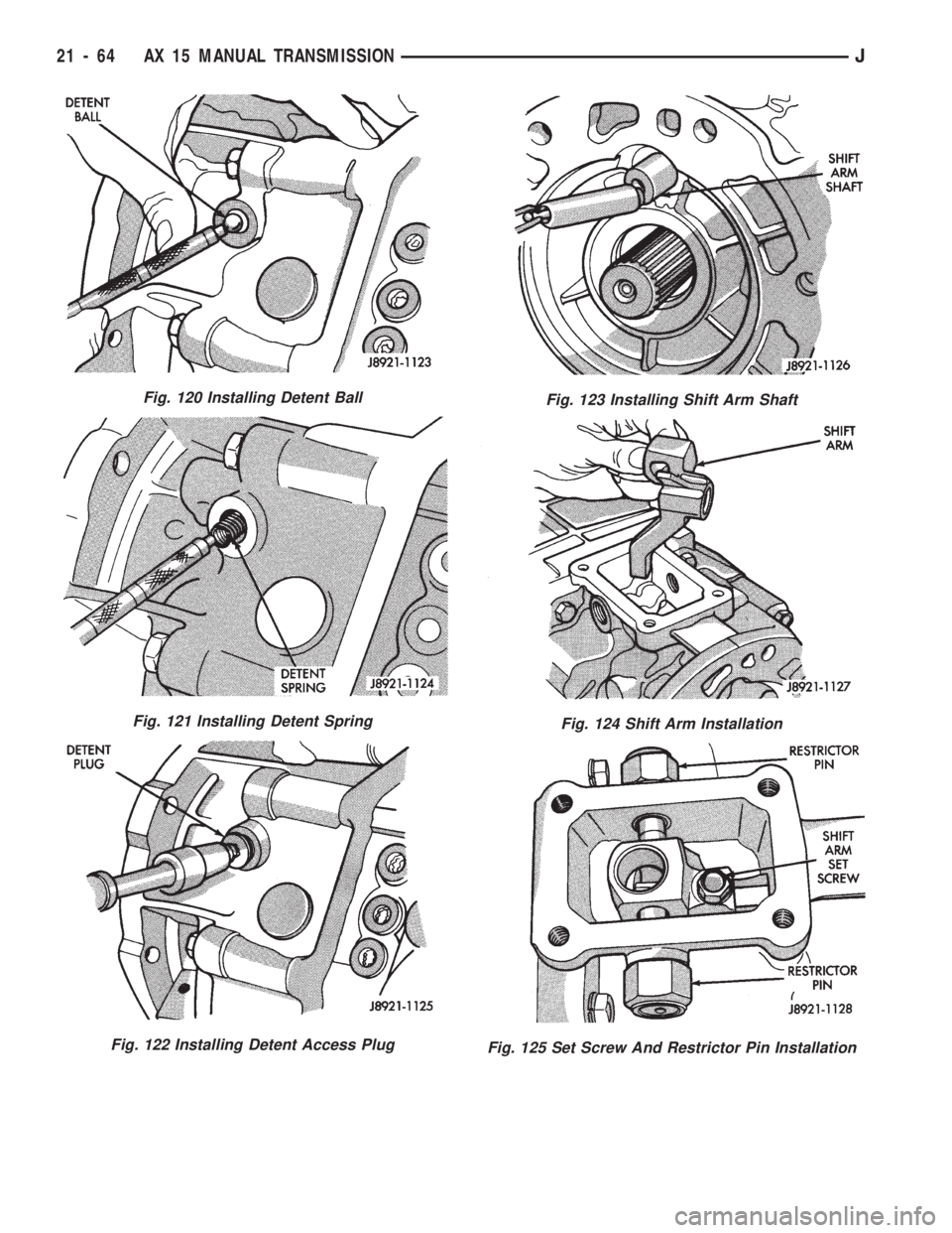 JEEP CHEROKEE 1994  Service Repair Manual Fig. 120 Installing Detent Ball
Fig. 121 Installing Detent Spring
Fig. 122 Installing Detent Access Plug
Fig. 123 Installing Shift Arm Shaft
Fig. 124 Shift Arm Installation
Fig. 125 Set Screw And Rest