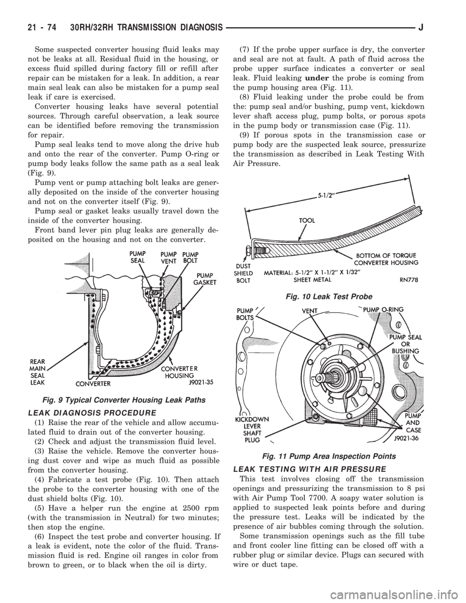 JEEP CHEROKEE 1994  Service Repair Manual Some suspected converter housing fluid leaks may
not be leaks at all. Residual fluid in the housing, or
excess fluid spilled during factory fill or refill after
repair can be mistaken for a leak. In a