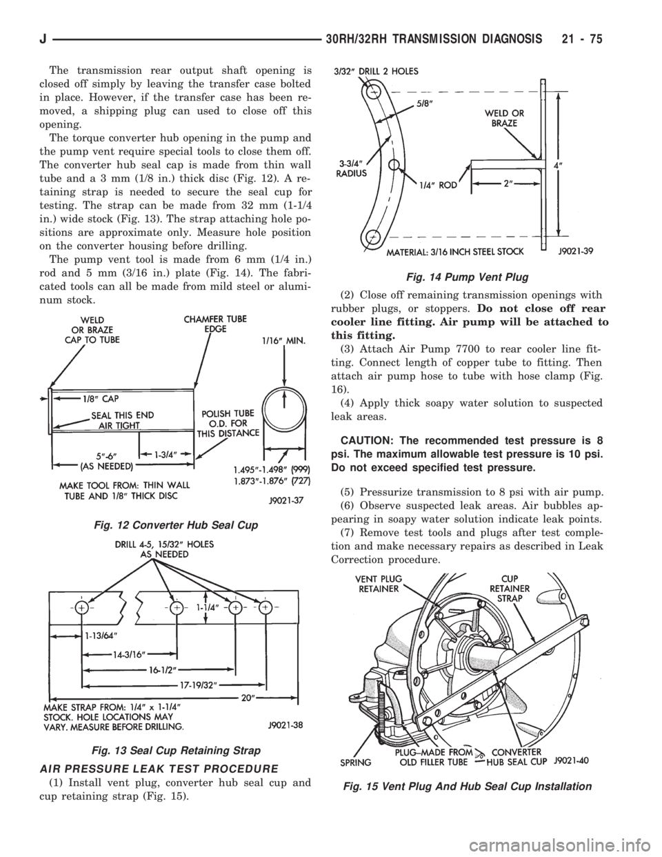 JEEP CHEROKEE 1994  Service Repair Manual The transmission rear output shaft opening is
closed off simply by leaving the transfer case bolted
in place. However, if the transfer case has been re-
moved, a shipping plug can used to close off th