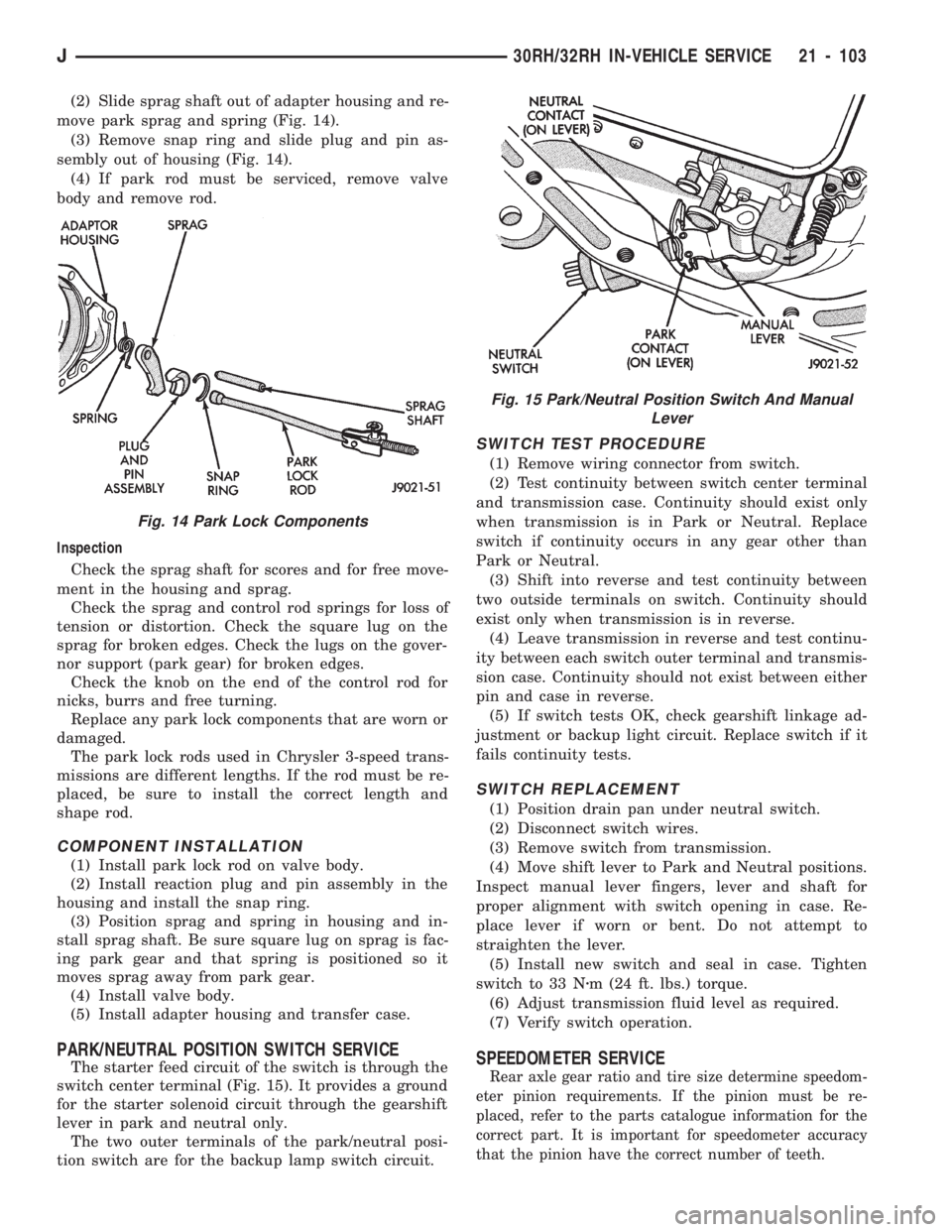 JEEP CHEROKEE 1994  Service Repair Manual (2) Slide sprag shaft out of adapter housing and re-
move park sprag and spring (Fig. 14).
(3) Remove snap ring and slide plug and pin as-
sembly out of housing (Fig. 14).
(4) If park rod must be serv