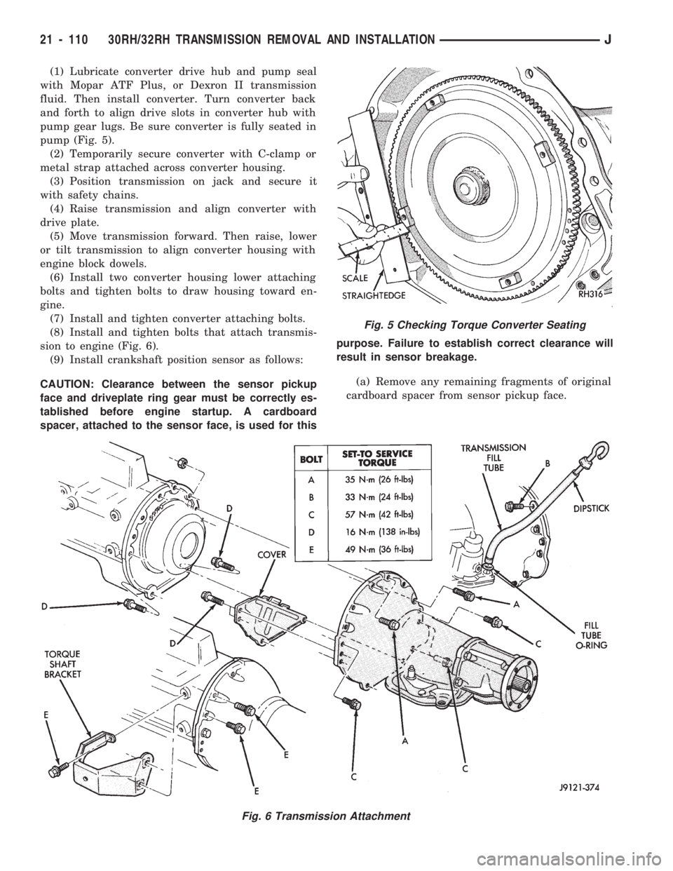 JEEP CHEROKEE 1994  Service Repair Manual (1) Lubricate converter drive hub and pump seal
with Mopar ATF Plus, or Dexron II transmission
fluid. Then install converter. Turn converter back
and forth to align drive slots in converter hub with
p