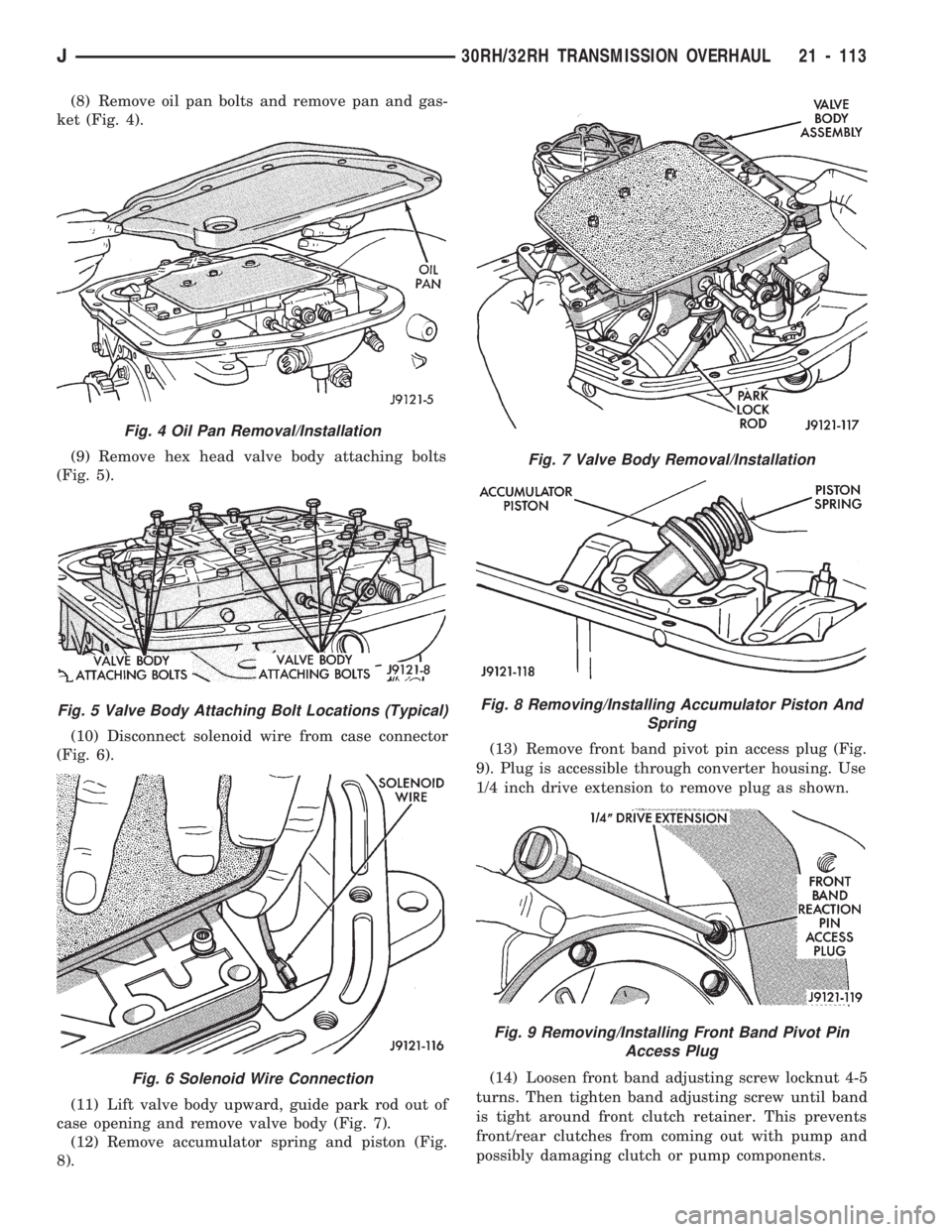 JEEP CHEROKEE 1994  Service Repair Manual (8) Remove oil pan bolts and remove pan and gas-
ket (Fig. 4).
(9) Remove hex head valve body attaching bolts
(Fig. 5).
(10) Disconnect solenoid wire from case connector
(Fig. 6).
(11) Lift valve body