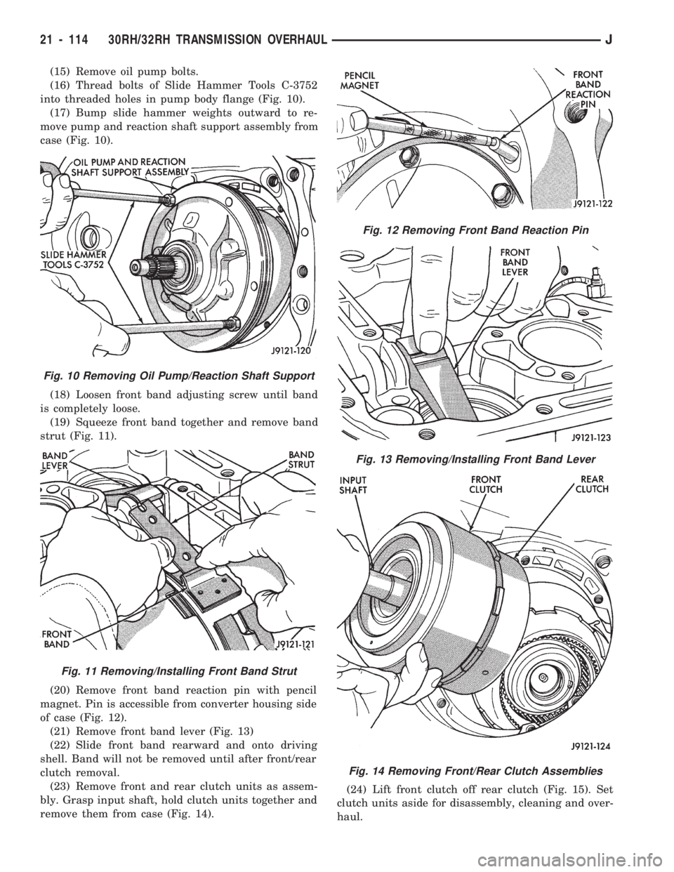 JEEP CHEROKEE 1994  Service Repair Manual (15) Remove oil pump bolts.
(16) Thread bolts of Slide Hammer Tools C-3752
into threaded holes in pump body flange (Fig. 10).
(17) Bump slide hammer weights outward to re-
move pump and reaction shaft