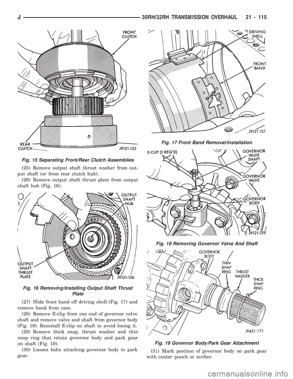 JEEP CHEROKEE 1994  Service Repair Manual (25) Remove output shaft thrust washer from out-
put shaft (or from rear clutch hub).
(26) Remove output shaft thrust plate from output
shaft hub (Fig. 16).
(27) Slide front band off driving shell (Fi
