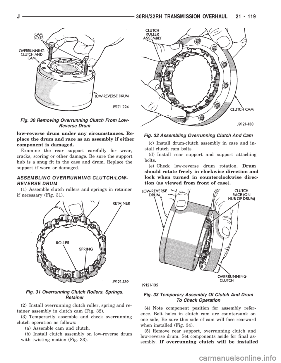 JEEP CHEROKEE 1994  Service Repair Manual low-reverse drum under any circumstances. Re-
place the drum and race as an assembly if either
component is damaged.
Examine the rear support carefully for wear,
cracks, scoring or other damage. Be su
