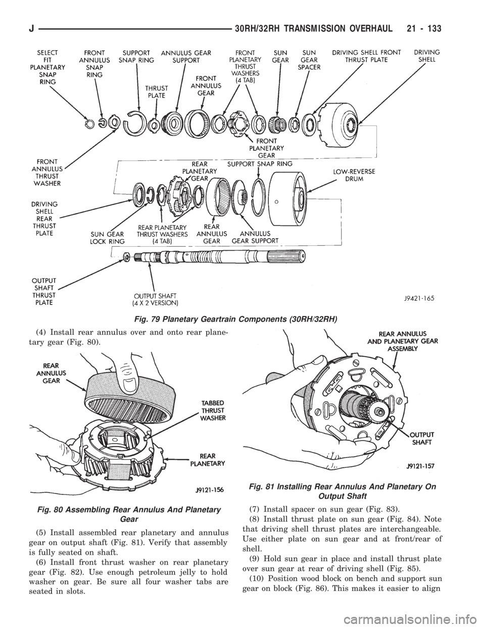 JEEP CHEROKEE 1994  Service Repair Manual (4) Install rear annulus over and onto rear plane-
tary gear (Fig. 80).
(5) Install assembled rear planetary and annulus
gear on output shaft (Fig. 81). Verify that assembly
is fully seated on shaft.

