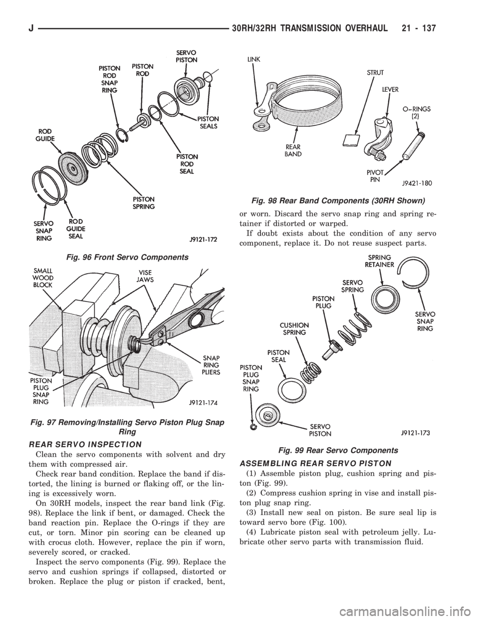 JEEP CHEROKEE 1994  Service Repair Manual REAR SERVO INSPECTION
Clean the servo components with solvent and dry
them with compressed air.
Check rear band condition. Replace the band if dis-
torted, the lining is burned or flaking off, or the 