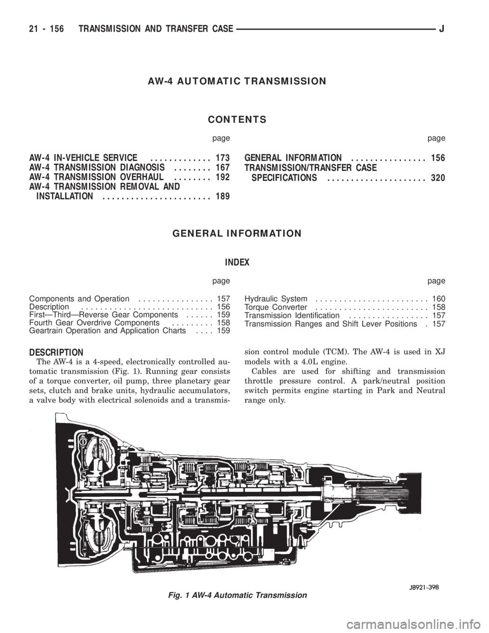 JEEP CHEROKEE 1994  Service Repair Manual AW-4 AUTOMATIC TRANSMISSION
CONTENTS
page page
AW-4 IN-VEHICLE SERVICE............. 173
AW-4 TRANSMISSION DIAGNOSIS........ 167
AW-4 TRANSMISSION OVERHAUL........ 192
AW-4 TRANSMISSION REMOVAL AND
INS