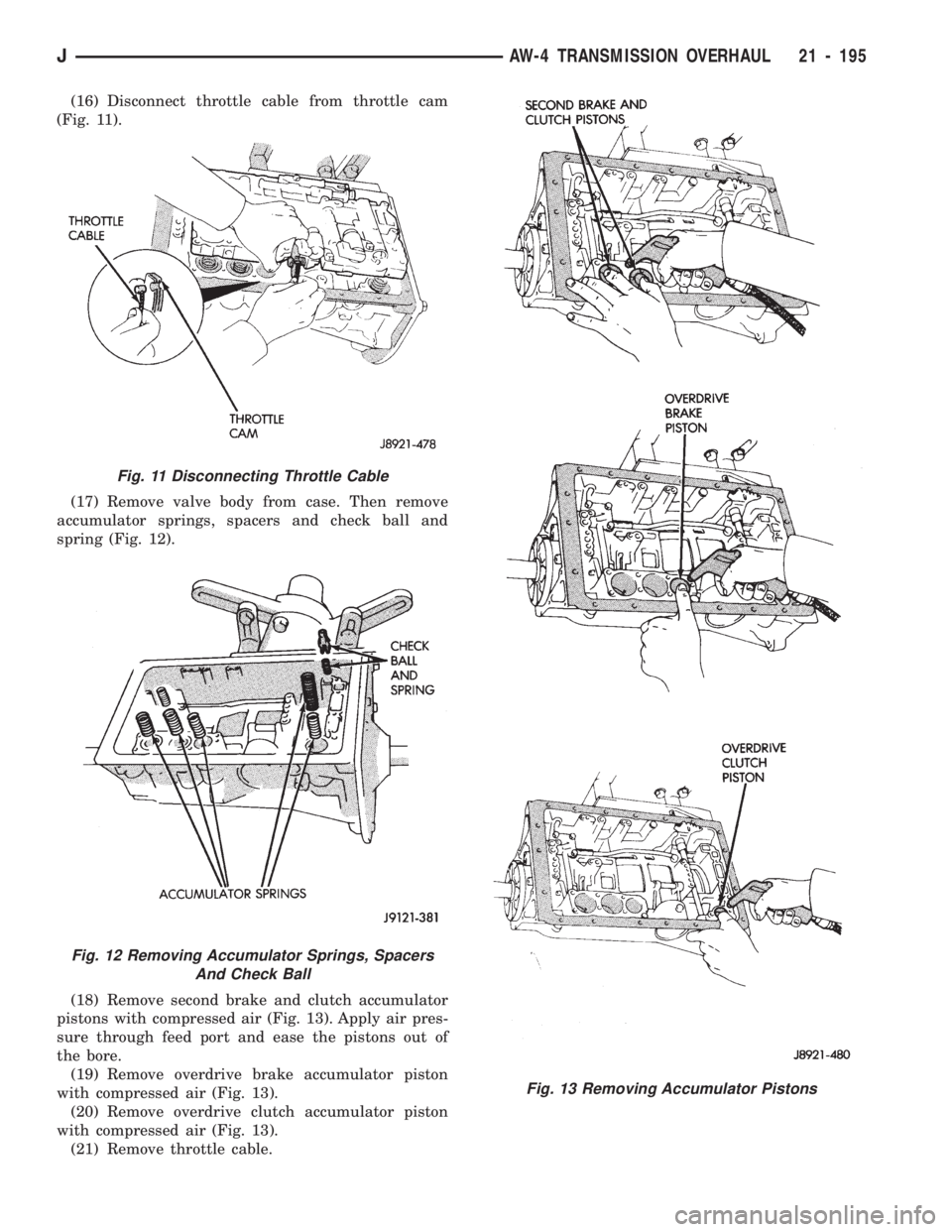 JEEP CHEROKEE 1994  Service Repair Manual (16) Disconnect throttle cable from throttle cam
(Fig. 11).
(17) Remove valve body from case. Then remove
accumulator springs, spacers and check ball and
spring (Fig. 12).
(18) Remove second brake and