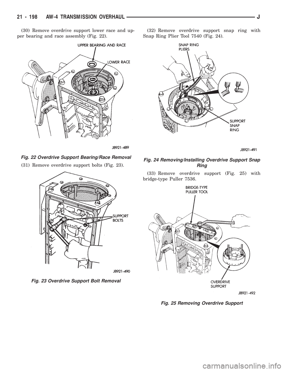 JEEP CHEROKEE 1994  Service Repair Manual (30) Remove overdrive support lower race and up-
per bearing and race assembly (Fig. 22).
(31) Remove overdrive support bolts (Fig. 23).(32) Remove overdrive support snap ring with
Snap Ring Plier Too