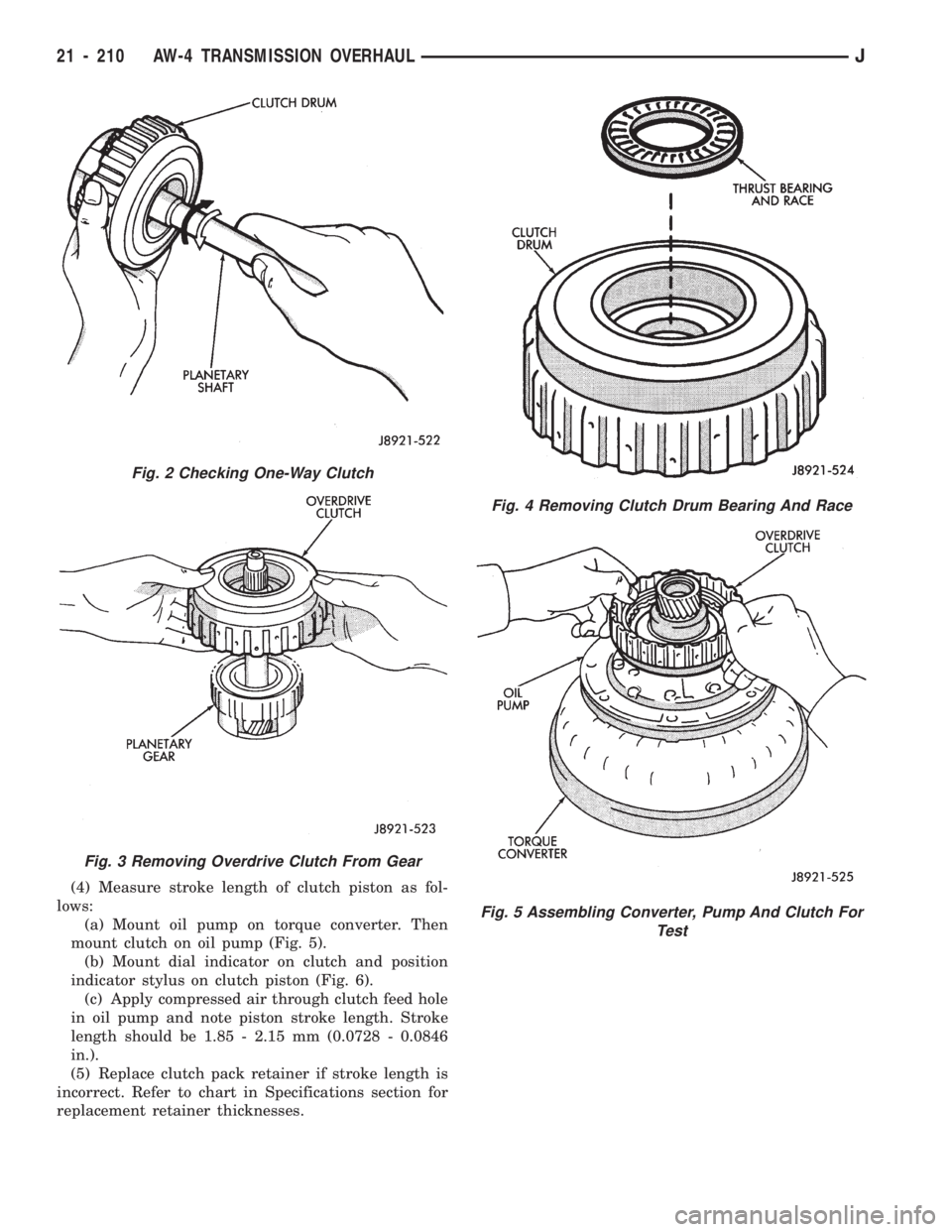 JEEP CHEROKEE 1994  Service Repair Manual (4) Measure stroke length of clutch piston as fol-
lows:
(a) Mount oil pump on torque converter. Then
mount clutch on oil pump (Fig. 5).
(b) Mount dial indicator on clutch and position
indicator stylu