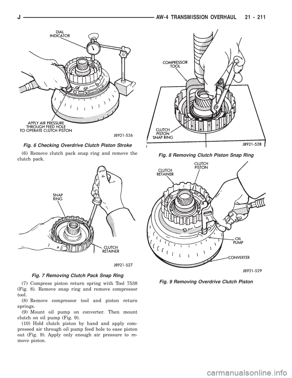 JEEP CHEROKEE 1994  Service Repair Manual (6) Remove clutch pack snap ring and remove the
clutch pack.
(7) Compress piston return spring with Tool 7538
(Fig. 8). Remove snap ring and remove compressor
tool.
(8) Remove compressor tool and pist