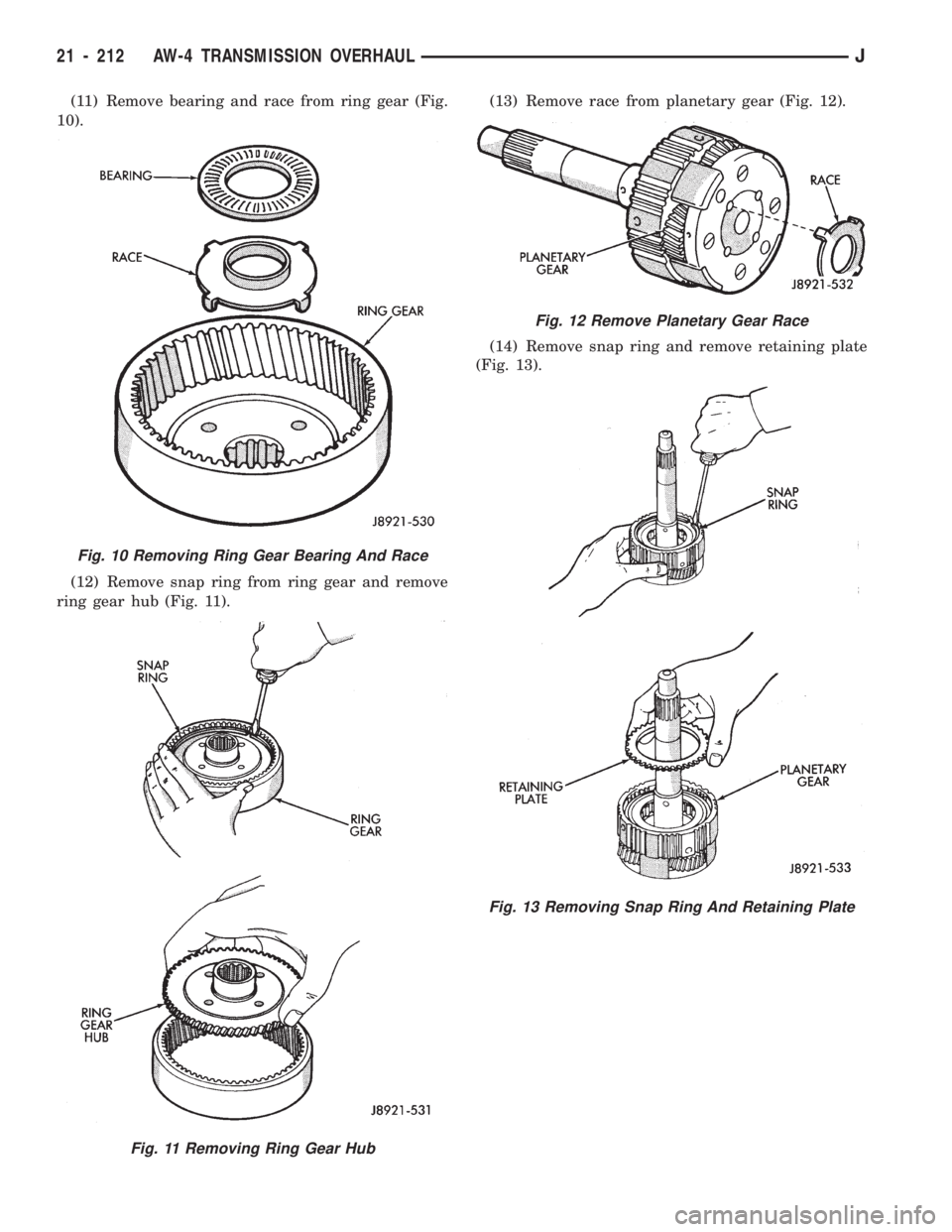 JEEP CHEROKEE 1994  Service Repair Manual (11) Remove bearing and race from ring gear (Fig.
10).
(12) Remove snap ring from ring gear and remove
ring gear hub (Fig. 11).(13) Remove race from planetary gear (Fig. 12).
(14) Remove snap ring and