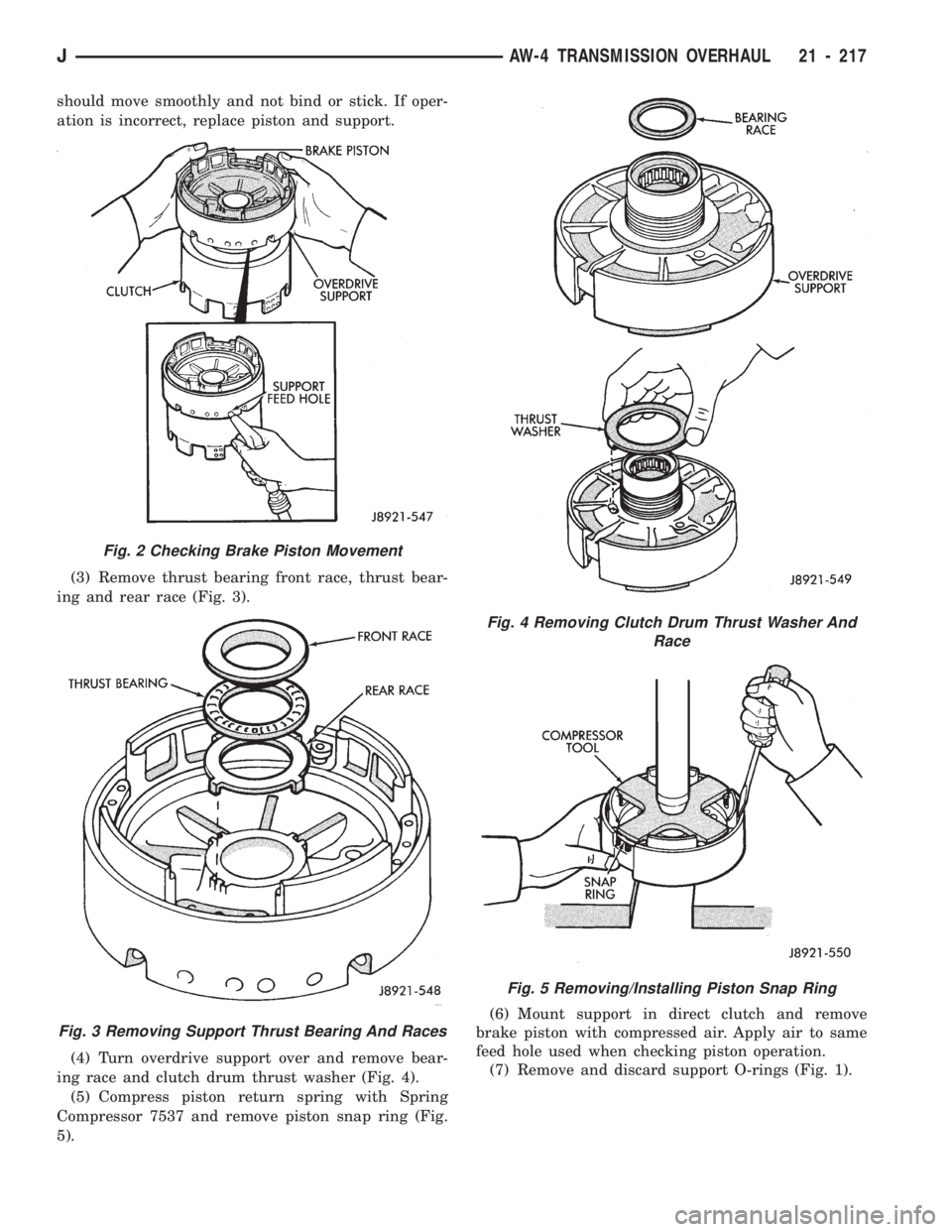 JEEP CHEROKEE 1994  Service Repair Manual should move smoothly and not bind or stick. If oper-
ation is incorrect, replace piston and support.
(3) Remove thrust bearing front race, thrust bear-
ing and rear race (Fig. 3).
(4) Turn overdrive s