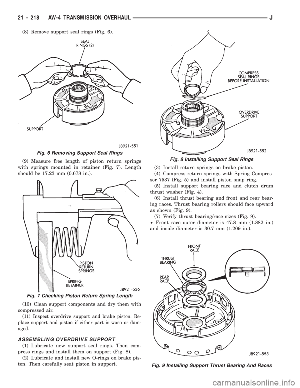 JEEP CHEROKEE 1994  Service Repair Manual (8) Remove support seal rings (Fig. 6).
(9) Measure free length of piston return springs
with springs mounted in retainer (Fig. 7). Length
should be 17.23 mm (0.678 in.).
(10) Clean support components
