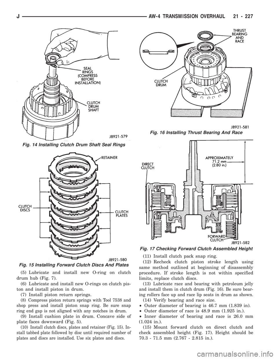 JEEP CHEROKEE 1994 Service Repair Manual (5) Lubricate and install new O-ring on clutch
drum hub (Fig. 7).
(6) Lubricate and install new O-rings on clutch pis-
ton and install piston in drum.
(7) Install piston return springs.
(8) Compress p JEEP CHEROKEE 1994 Service Repair Manual (5) Lubricate and install new O-ring on clutch
drum hub (Fig. 7).
(6) Lubricate and install new O-rings on clutch pis-
ton and install piston in drum.
(7) Install piston return springs.
(8) Compress p