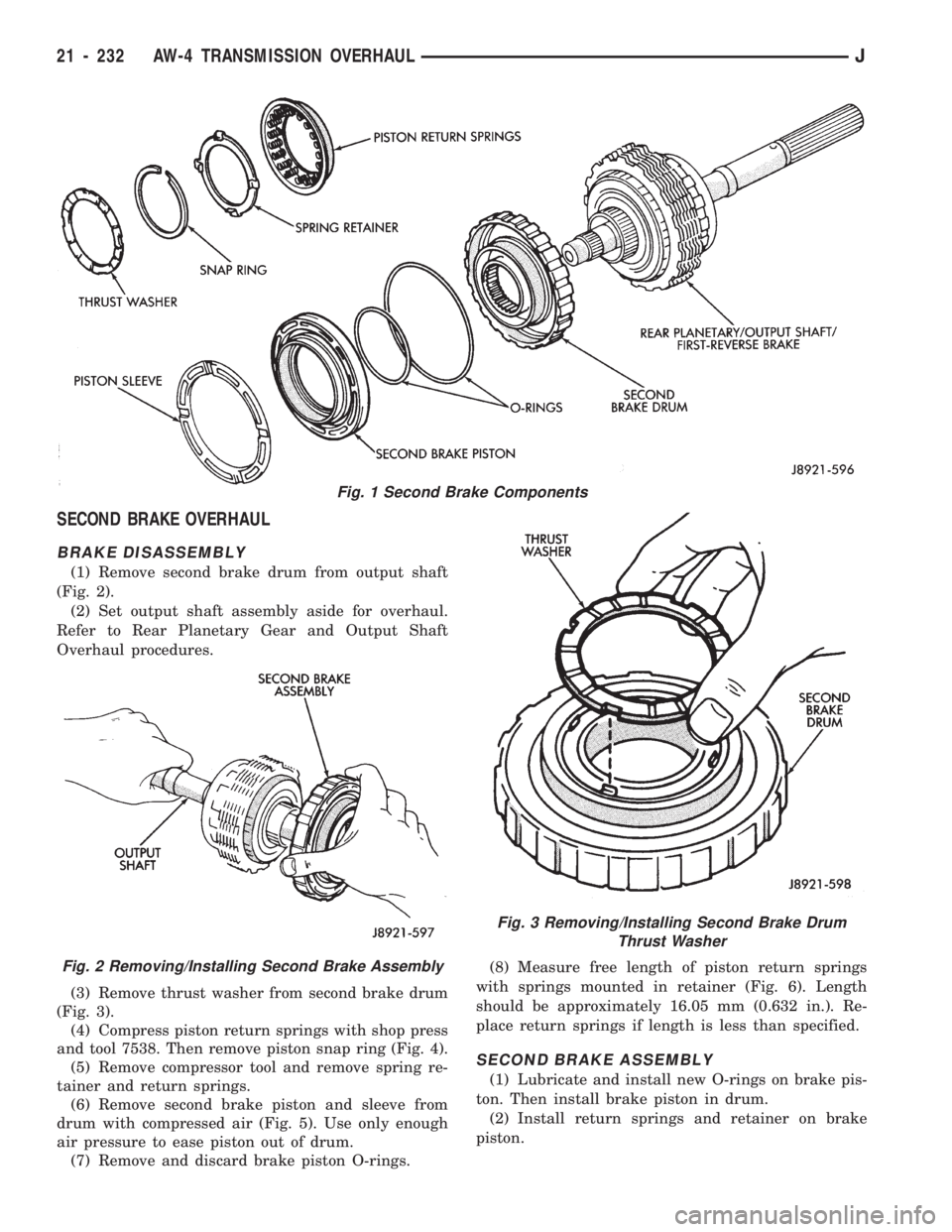 JEEP CHEROKEE 1994 Service Repair Manual SECOND BRAKE OVERHAUL
BRAKE DISASSEMBLY
(1) Remove second brake drum from output shaft
(Fig. 2).
(2) Set output shaft assembly aside for overhaul.
Refer to Rear Planetary Gear and Output Shaft
Overhau JEEP CHEROKEE 1994 Service Repair Manual SECOND BRAKE OVERHAUL
BRAKE DISASSEMBLY
(1) Remove second brake drum from output shaft
(Fig. 2).
(2) Set output shaft assembly aside for overhaul.
Refer to Rear Planetary Gear and Output Shaft
Overhau