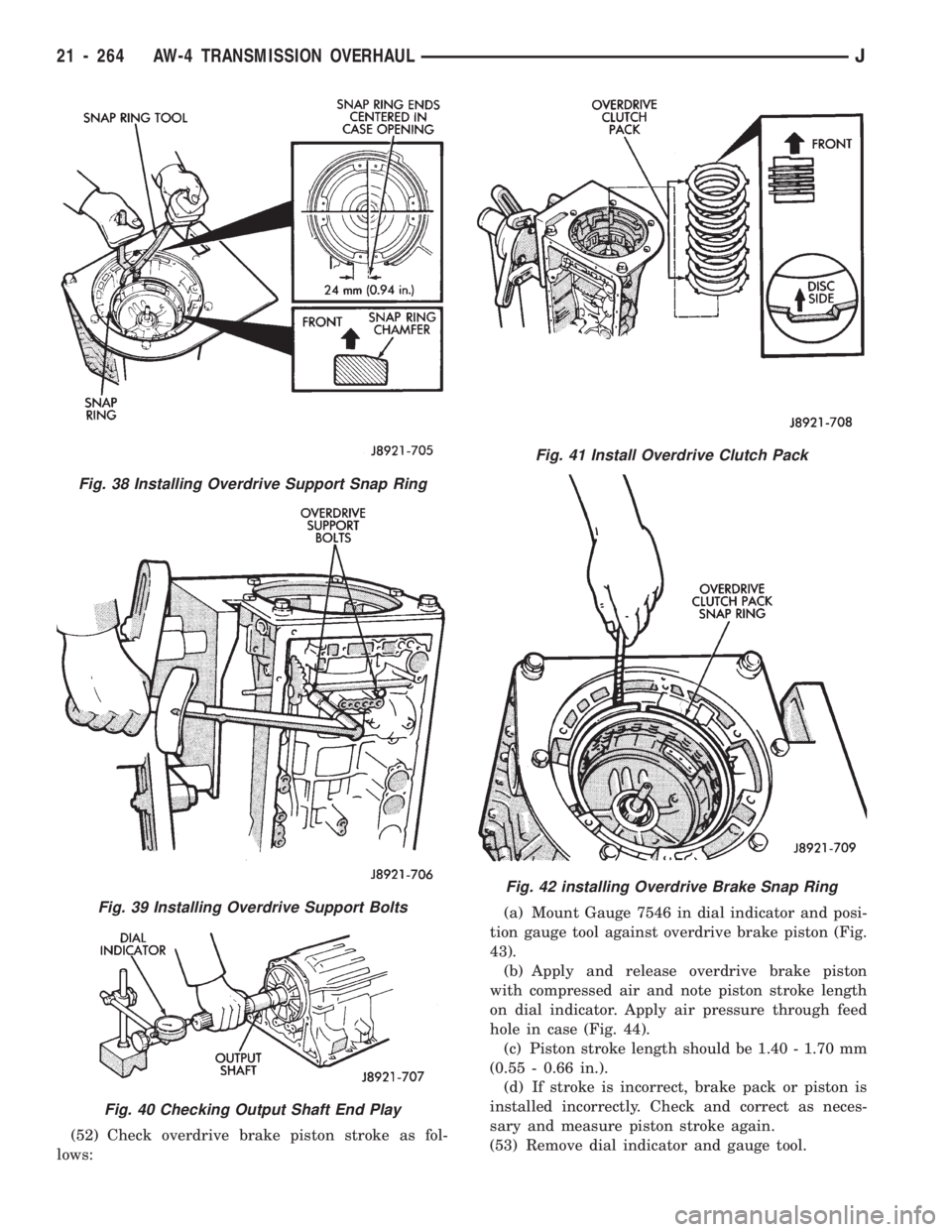 JEEP CHEROKEE 1994  Service Repair Manual (52) Check overdrive brake piston stroke as fol-
lows:(a) Mount Gauge 7546 in dial indicator and posi-
tion gauge tool against overdrive brake piston (Fig.
43).
(b) Apply and release overdrive brake p