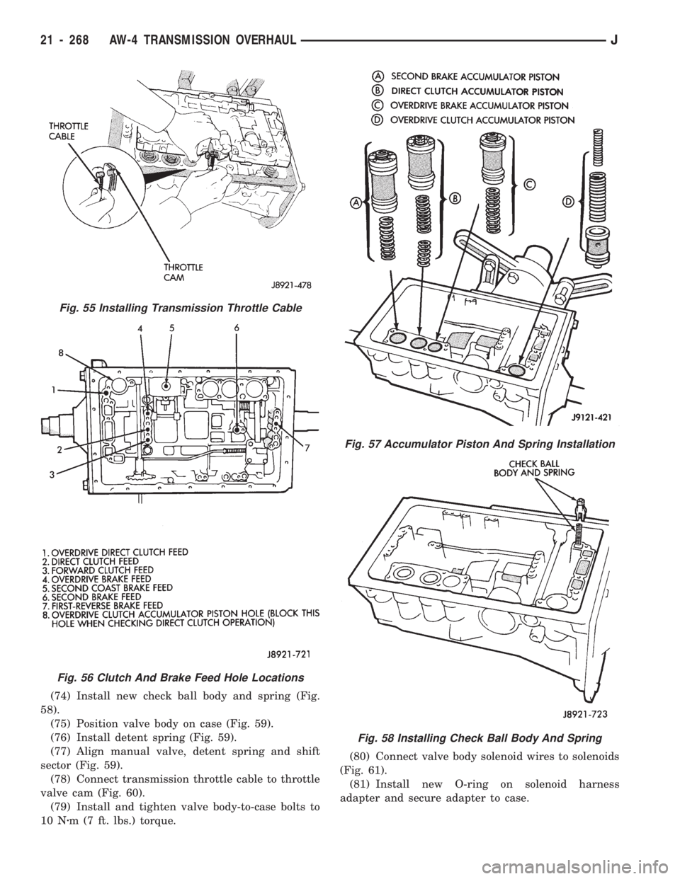 JEEP CHEROKEE 1994  Service Repair Manual (74) Install new check ball body and spring (Fig.
58).
(75) Position valve body on case (Fig. 59).
(76) Install detent spring (Fig. 59).
(77) Align manual valve, detent spring and shift
sector (Fig. 5