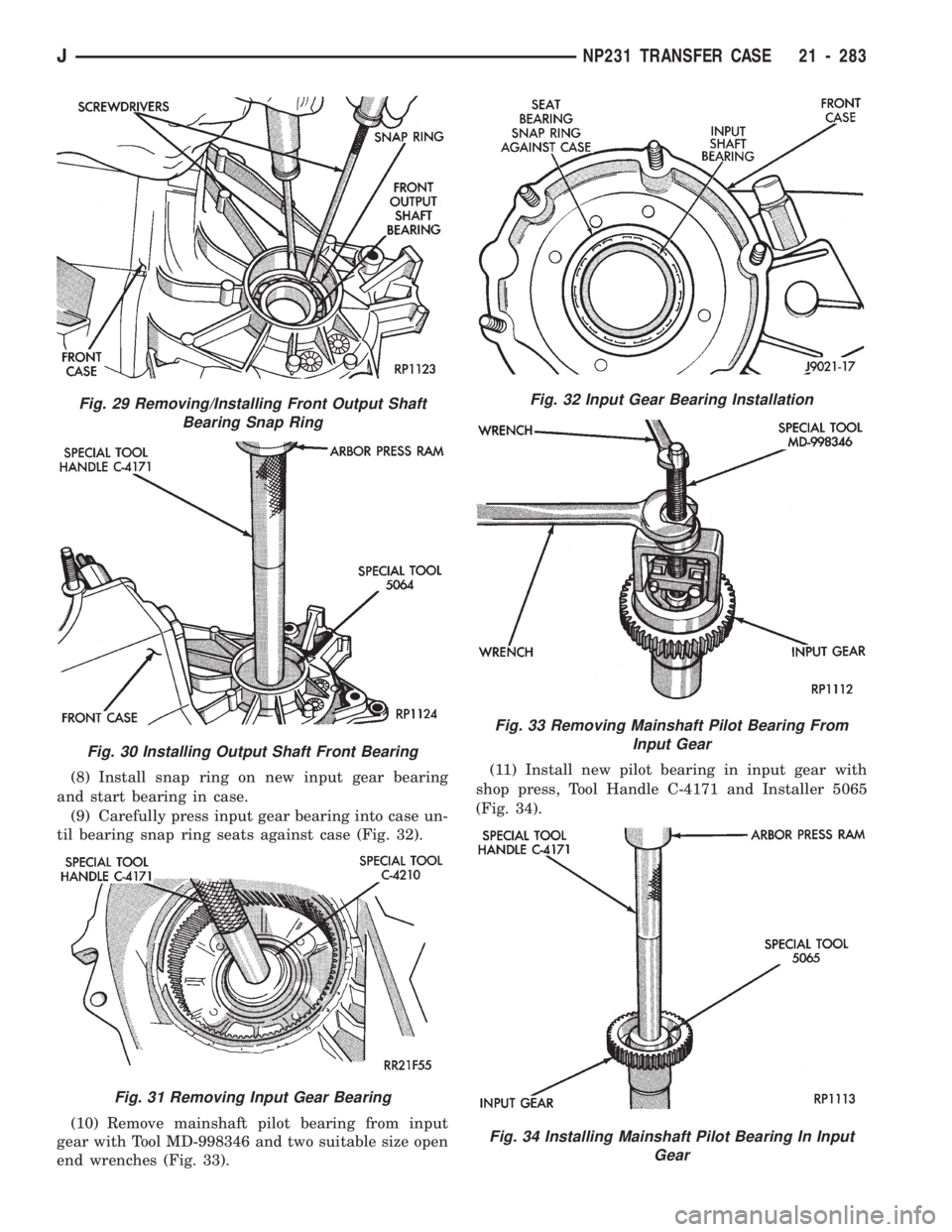 JEEP CHEROKEE 1994  Service Repair Manual (8) Install snap ring on new input gear bearing
and start bearing in case.
(9) Carefully press input gear bearing into case un-
til bearing snap ring seats against case (Fig. 32).
(10) Remove mainshaf