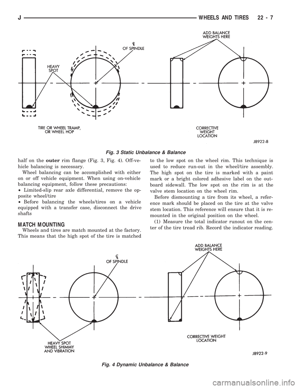 JEEP CHEROKEE 1994  Service Repair Manual half on theouterrim flange (Fig. 3, Fig. 4). Off-ve-
hicle balancing is necessary.
Wheel balancing can be accomplished with either
on or off vehicle equipment. When using on-vehicle
balancing equipmen