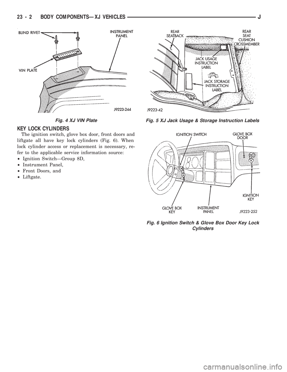 JEEP CHEROKEE 1994  Service Repair Manual KEY LOCK CYLINDERS
The ignition switch, glove box door, front doors and
liftgate all have key lock cylinders (Fig. 6). When
lock cylinder access or replacement is necessary, re-
fer to the applicable 